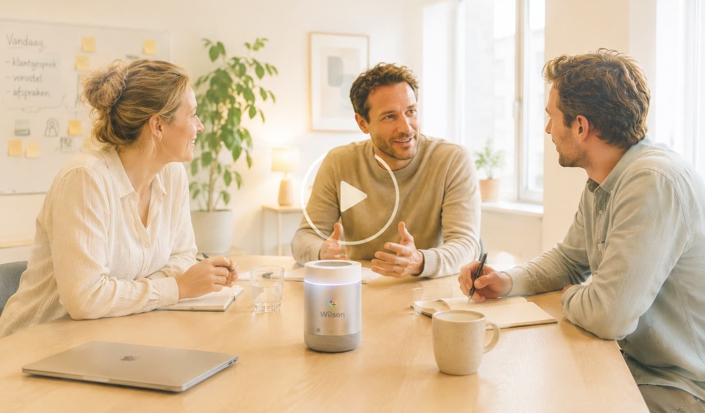 Drie collega's in gesprek met Wilson op tafel